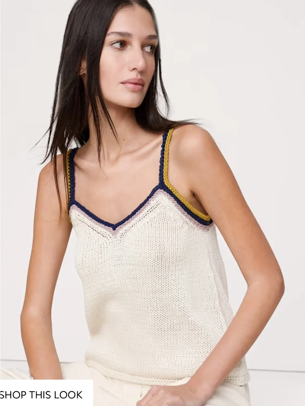 NWT🌷Banana Republic Cream Knit V-Neck Cami with Navy, Lavender & Mustard Trim